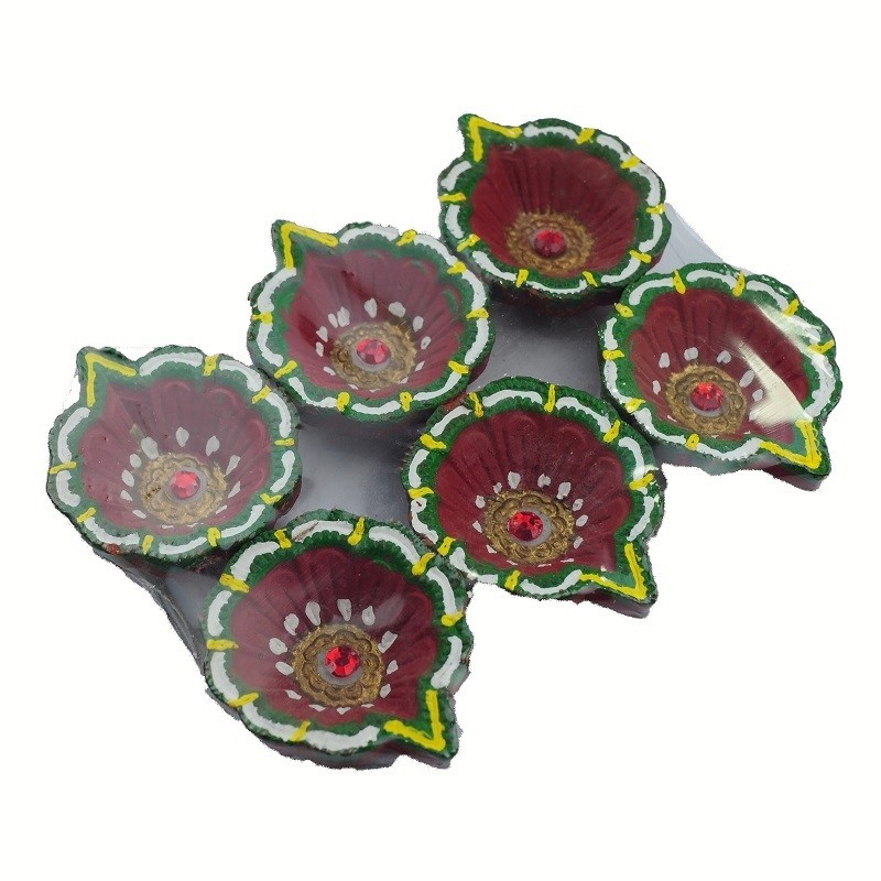 Colorful Clay Diyas (7) For Festivals or Prayers, Set of 6. Traditional and Handcrafted. These earthen clay diyas have been used